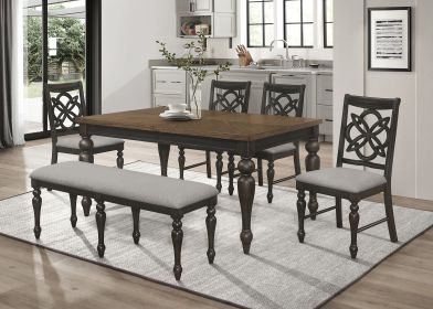 Brown/Gray Finish Rectangular Extendable Table Top 18" Leaf Upholstered Seats Chair Bench Wooden Dining Room Furniture 6pc Set