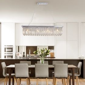 Modern Crystal Chandelier for Dining Room 8-Light White Rectangle Raindrop Chandelier Contemporary Rectangular Pendant Light Fixture for Kitchen Islan