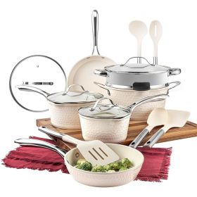 Hammered 15 Pc Ceramic Pots and Pans Set Non Stick Pots and Pan Set Dishwasher Safe Cream White Steel Cookware Sets Kitchen Kit