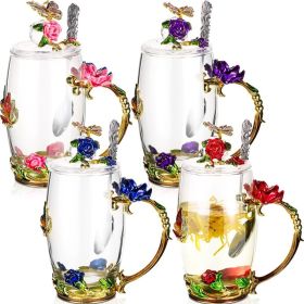 4 Sets Flower Tea Cups with Lids Butterfly Vintage Glass Coffee Mugs with Spoon Fancy Tea Cups Clear Flower Teacup (12 Oz)