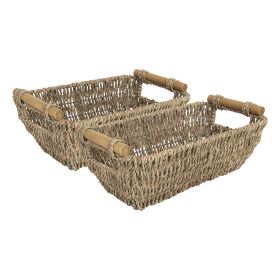 Small Wicker Baskets, Handwoven Baskets for Storage, Seagrass Rattan Baskets with Wooden Handles, 2-Pack