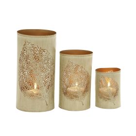 DecMode 3 Holder Gold Metal Leaf Decorative Candle Lantern, Set of 3