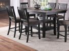 Transitional Dining Room 7pc Set Dark Coffee Rubberwood Counter Height Dining Table w 2x Shelfs and 6x High Chairs Fabric Upholstered seats Unique Bac