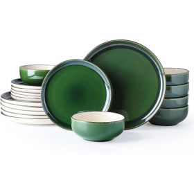 Ceramic Dinnerware Sets for 6, 18-Piece Stoneware Plates and Bowls Sets, Amber Yellow Chip and Scratch Resistant Dishes (Color: White-Emerald Green, Plate Size: Service For 6(18pcs))