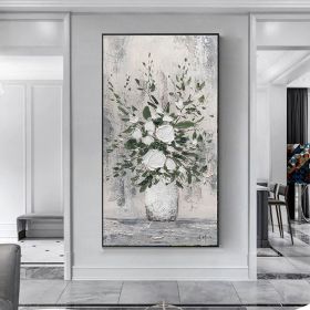 Handmade Oil Painting Abstract White Floral Vase Palette Knife Textured Oil Painting Modern Art On Canvas Grey Wall Art Foe Home Decor (style: 01, size: 100x200cm)