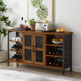 Industrial Wine Bar Cabinet with Liquor Storage, Sideboard featuring Wine Racks & Stemware Holder (55.12''w x 13.78''d x 30.31''h) (Color: Brown)